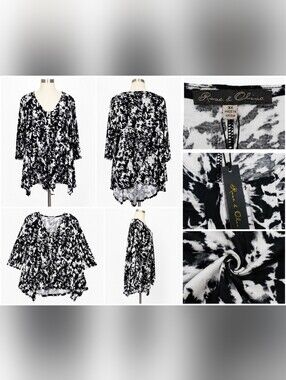 Rose & Olive Women's 3X Black White Abstract Tunic Top 3/4 Sleeve Handkerchief.